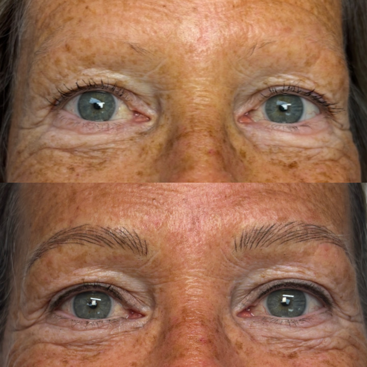 Nano brows before and after — natural hairstroke result